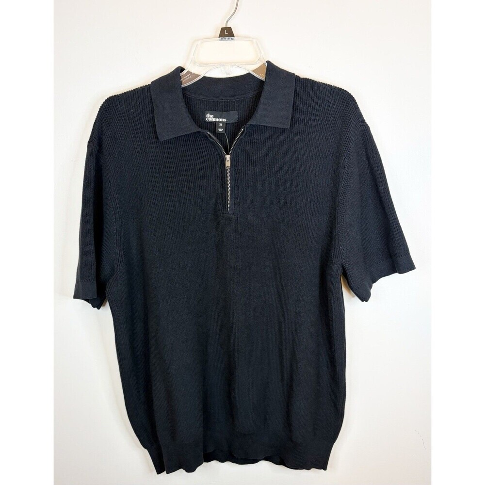 THE COMMONS Black Short Sleeve Polo Sweater 1/4 Zip XL Cotton Knit Preppy NEW